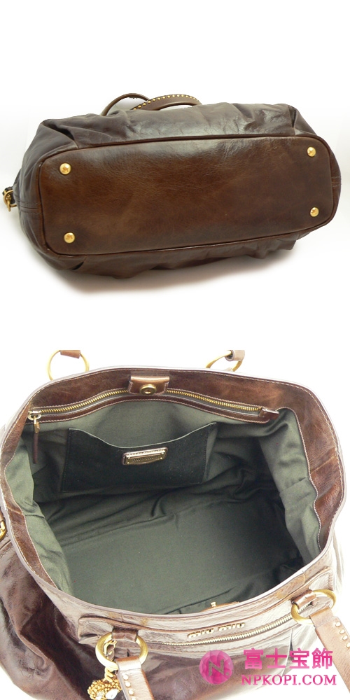 ミュウミュウ MIUMIU トートバッグ ショルダーバッグ 2WAY ハートチャーム付 スタッズ レザー ブラウン（BRUCIATO） RR1733 VITELLO SHINE